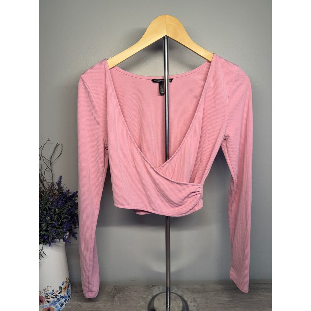 Victoria's Secret Pink Ribbed Faux Wrap Long Sleeve Crop Top Medium